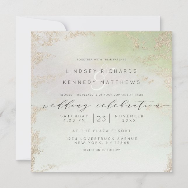 Invitation Carré Mariage Ombre Spring Green Gold Foil Chic (Devant)