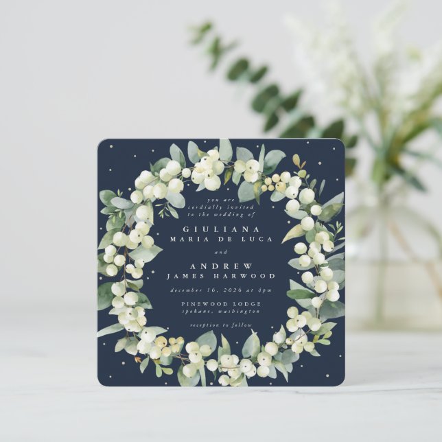 Invitation Carré Marine Snowberry+Eucalyptus Wreath Mariage (Debout devant)