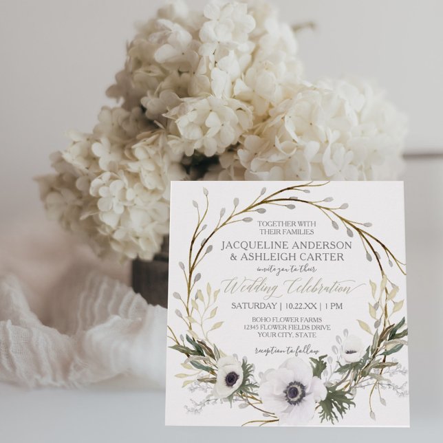 Invitation Carré Moderne Anémone Twig Fern Eucalyptus Wreath (Créateur téléchargé)