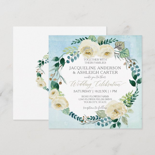 Invitation Carré Moderne Bleu n Rose Blanche Eucalyptus Wreat (Devant / Derrière)