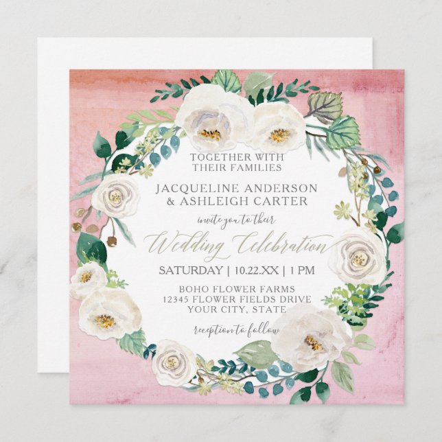 Invitation Carré Moderne Blush en Rose Blanche Eucalyptus Wre (Devant / Derrière)