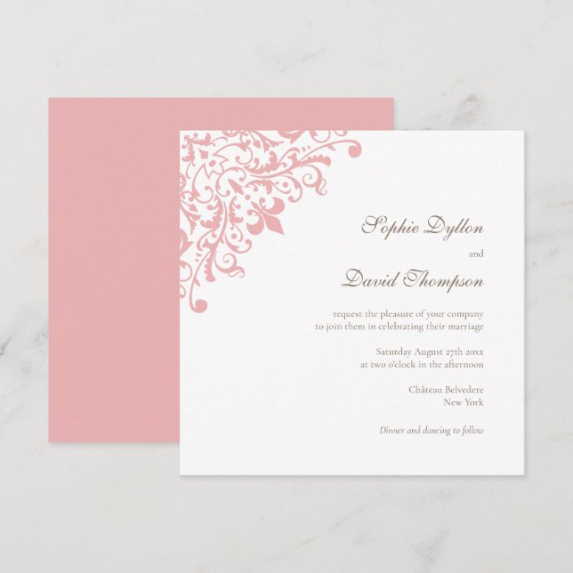 Invitation Carré Motif Regency Pink Fleur de Lis (Devant / Derrière)