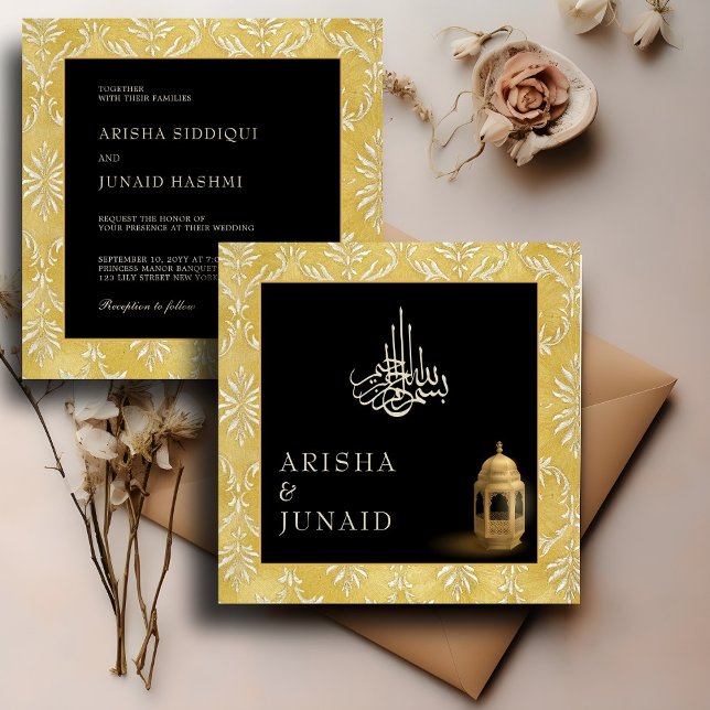 Invitation Carré musulman de la Royal Dorée Damask Mariage (Créateur téléchargé)