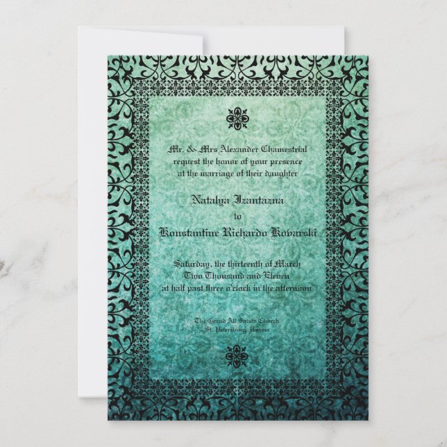 Invitation Carré Ornate Green Damask Mariage gothique Invitat (Devant)