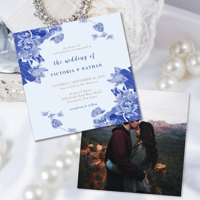 Invitation Carré photo bleu clair rustique Floral Mariage (Créateur téléchargé)