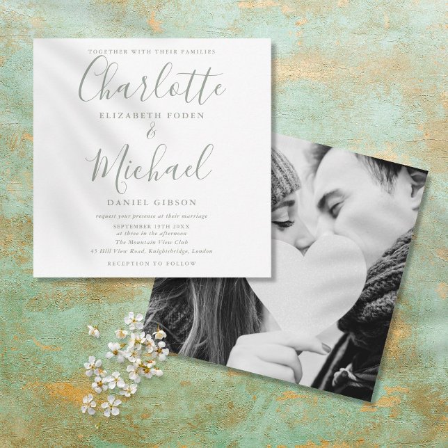 Invitation Carré photo Sage Green Signature Script Mariage (Créateur téléchargé)