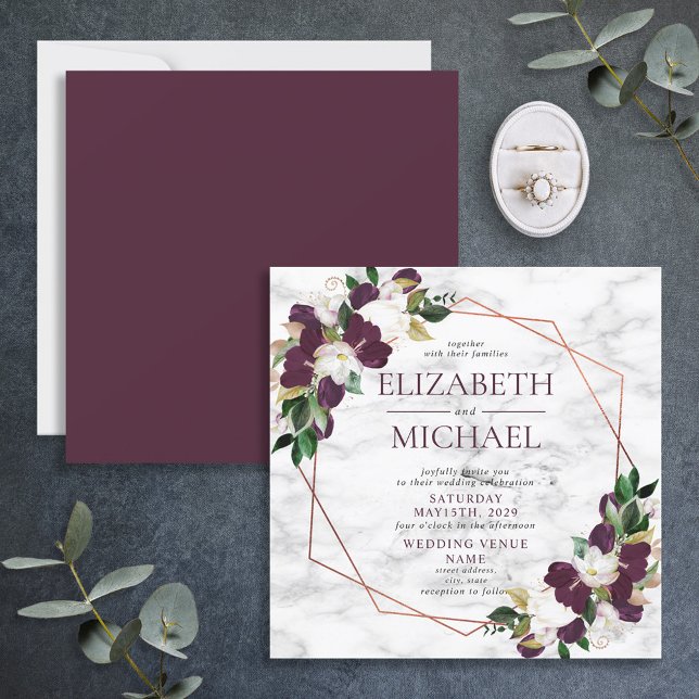 Invitation Carré Plum violet cuivre Marbre géométrique (Créateur téléchargé)