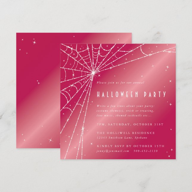 Invitation Carré rose araignée Web Halloween Party (Devant / Derrière)