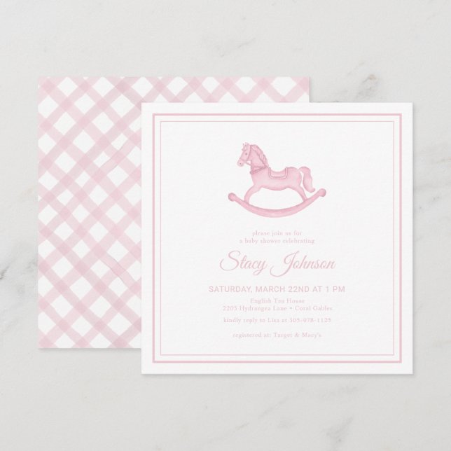 Invitation Carré Rose Rocking Horse Girl Baby shower Invitati (Devant / Derrière)
