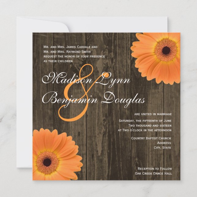 Invitation Carré Rustic Wood Orange Daisy (Devant)