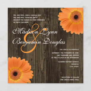 Invitation Carré Rustic Wood Orange Daisy