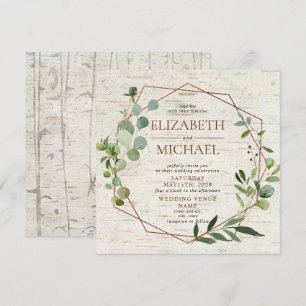 Invitation Carré Rustique Cuivre Mariage géométrique Eucalypt
