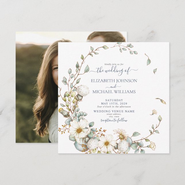 Invitation Carré Rustique Dusty Bleu & Crème Photo Botanique (Devant / Derrière)