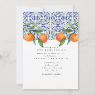 Invitation Carreau bleu orange aquarelle Mariage méditerranée