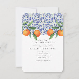Invitation Carreau bleu orange aquarelle Méditerranéen Mariag