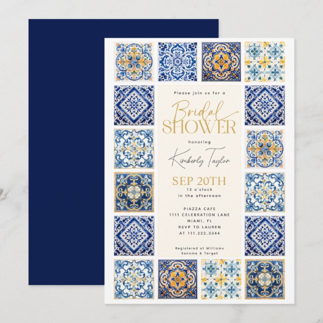 Invitation Carreaux bleu jaune Fête des mariées italienne (Devant / Derrière)