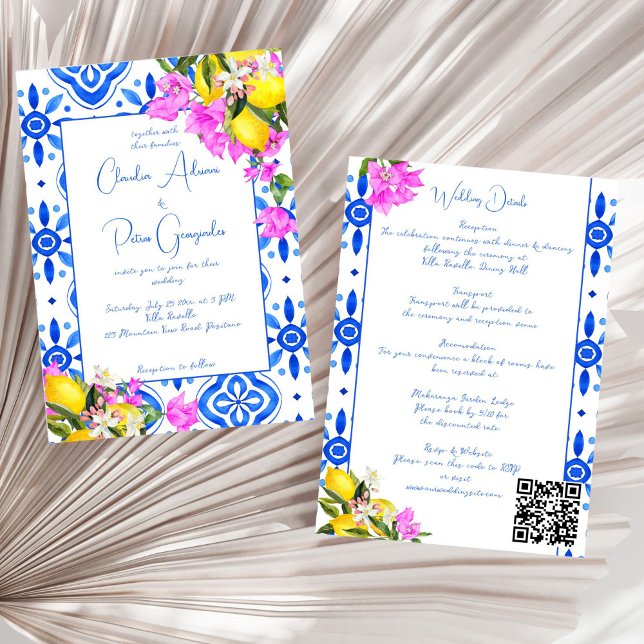 Invitation Carreaux bleus Bougainvillea citrons mariage éléga (Blue Tiles Bougainvillea lemons Mediterranean elegant wedding all in one Invitation template)