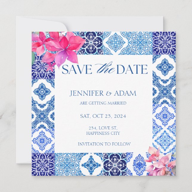 Invitation Carreaux bleus Bougainvilliers Floral Enregistrer  (Devant)