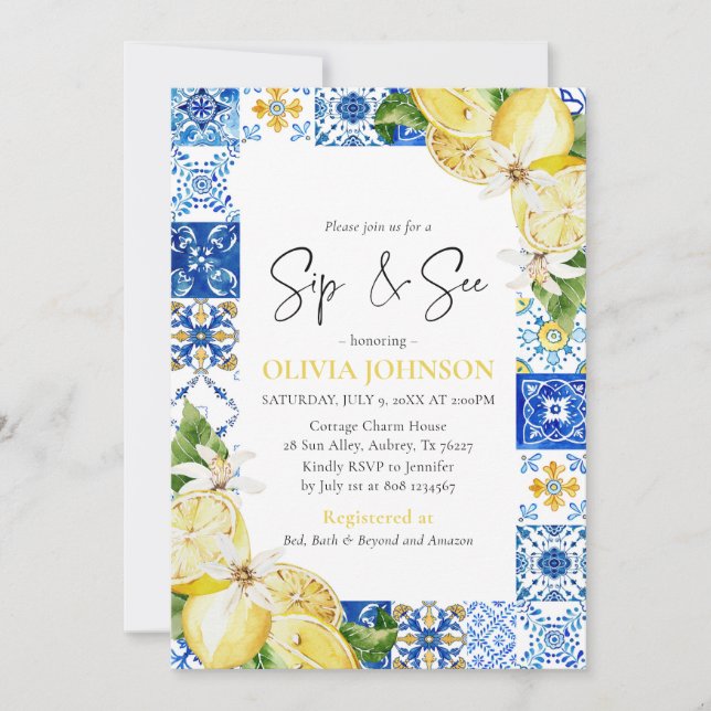 Invitation Carreaux bleus citrons Sip & Voir Baby shower Invi (Devant)