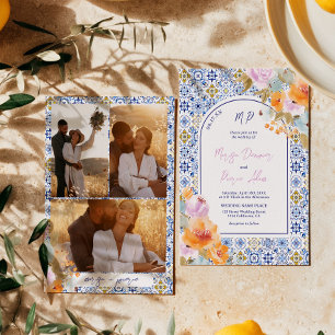 Invitation Carreaux bleus italiens photo mariage floral bohèm