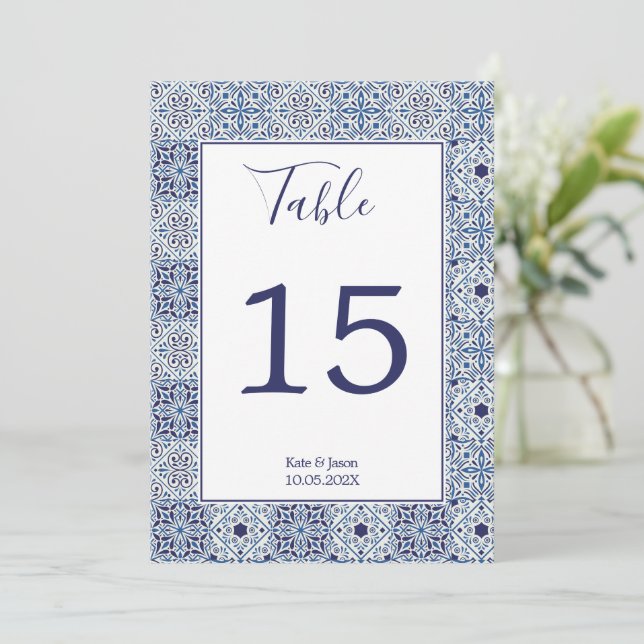 Invitation Carreaux bleus mariage personnalisé Numéro de tabl (Debout devant)