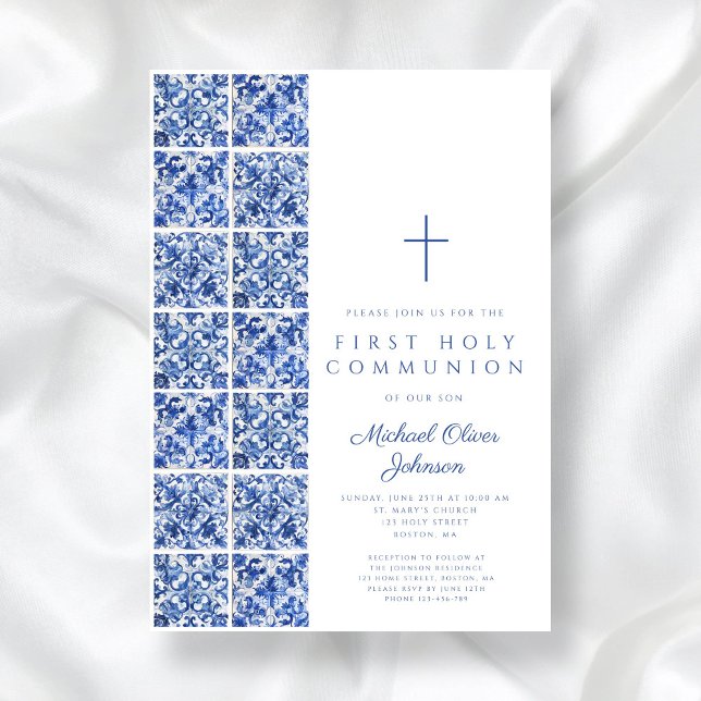 Invitation Carreaux Bleus Méditerranéen Garçon Première commu (Mediterranean Blue Tiles Boy First Communion Invitation)