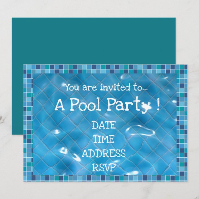 Invitation Carreaux bleus Retro Pool Party (Devant / Derrière)