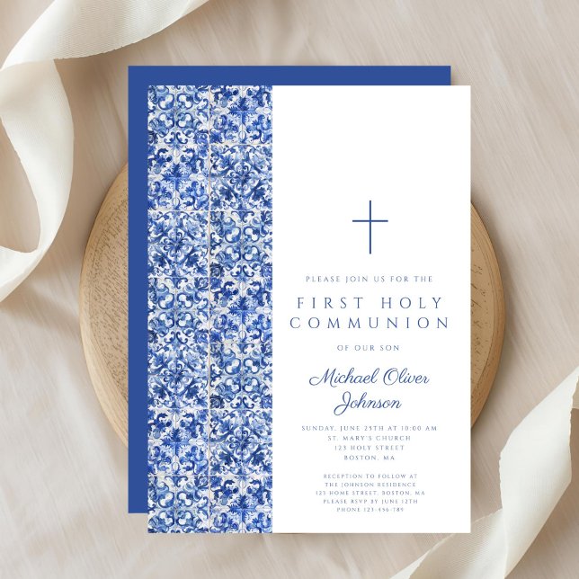 Invitation Carreaux Croix Bleue Moderne Garçon Première Commu (Modern Cross Blue Tiles Boy First Communion Invitation)