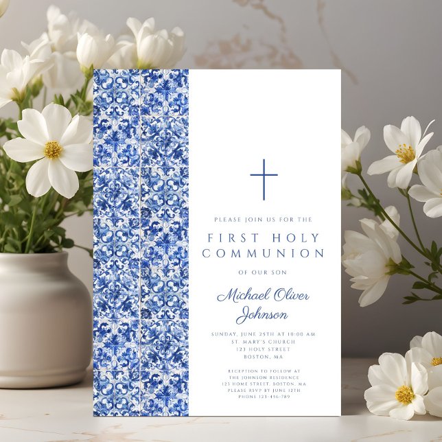 Invitation Carreaux Croix Bleue Moderne Garçon Première Commu (Modern Cross Blue Tiles Boy First Communion Invitation)
