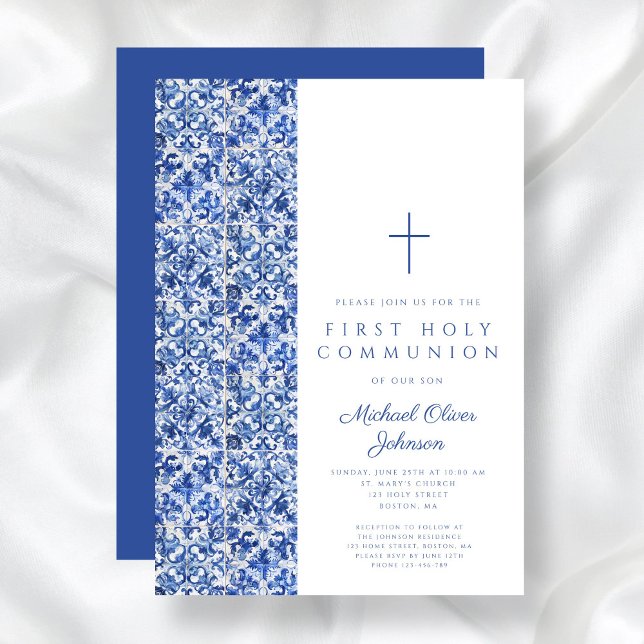 Invitation Carreaux Croix Bleue Moderne Garçon Première Commu (Modern Cross Blue Tiles Boy First Communion Invitation)