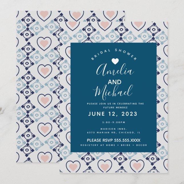 Invitation Carreaux d'amour romantique nuptiale méditerranéen (Devant / Derrière)