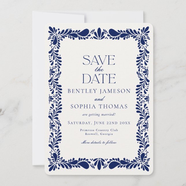Invitation Carreaux de Talavera bleus Save the Date pour une  (Devant)