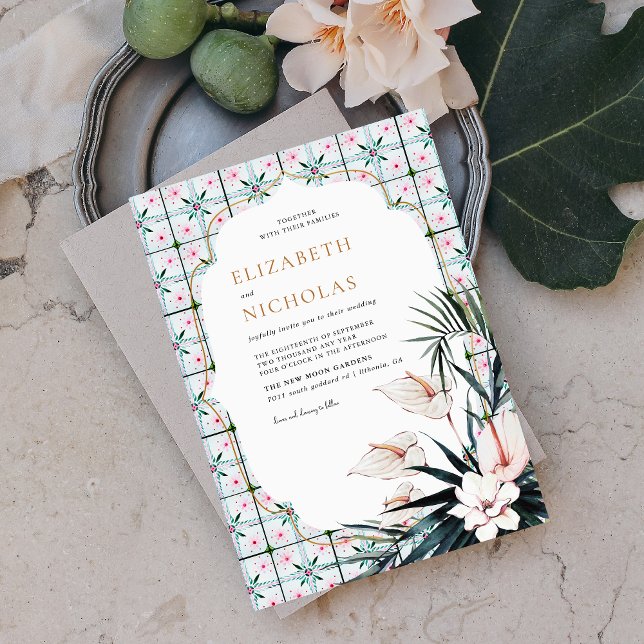 Invitation Carreaux floraux | Mariage tropical marocain (Créateur téléchargé)