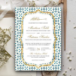Invitation Carreaux Islamiques Marocains Bleus et Dorés pour