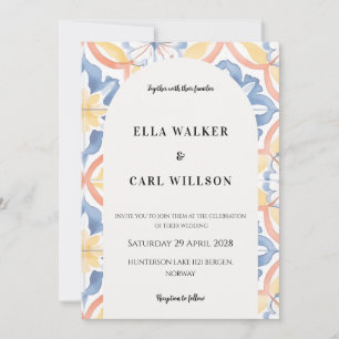 Invitation Carreaux italiens jaunes bleus orange gras mariage
