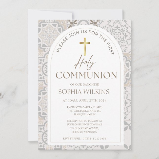 Invitation Carreaux méditerranéens Boho Première communion sa (Devant)