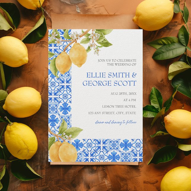 Invitation Carreaux méditerranéens Citron Citrus Italie Maria (That's Amore Amalfi Italian Coast Destination Wedding Lemons & Blue Mediterranean Tiles Invitation)