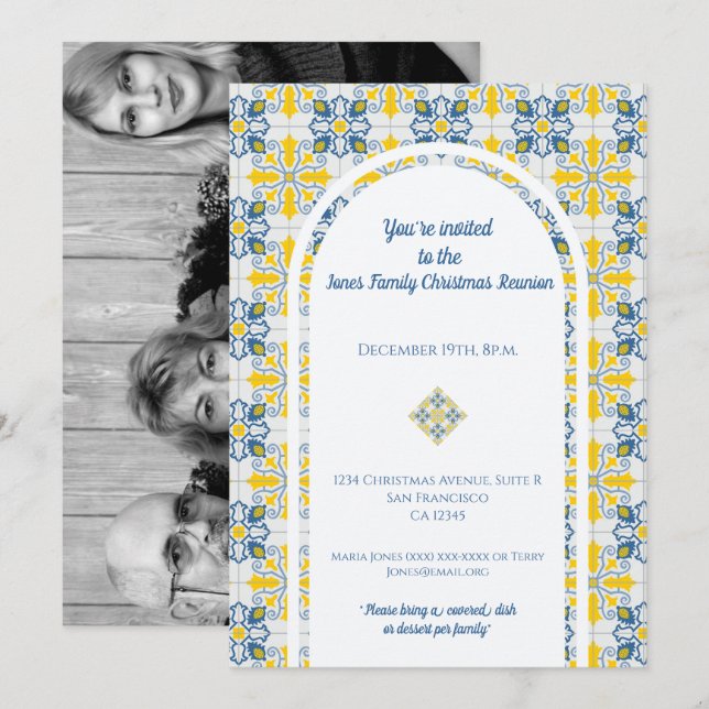 Invitation Carreaux portugais Cadre photo pour Noël en famill (Devant / Derrière)