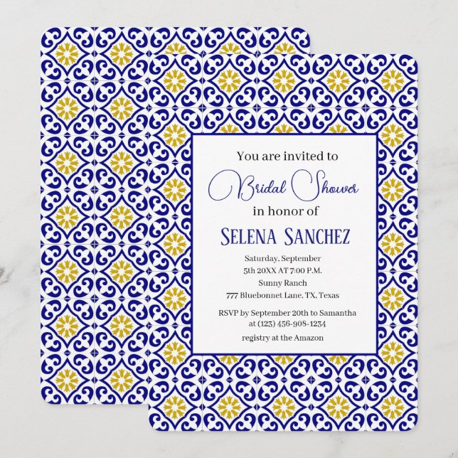 Invitation Carreaux portugais Fête des mariées d'aquarelle fl (Devant / Derrière)