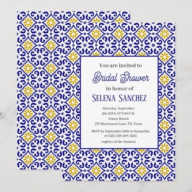 Invitation Carreaux portugais Fête des mariées d'aquarelle fl (Devant / Derrière)
