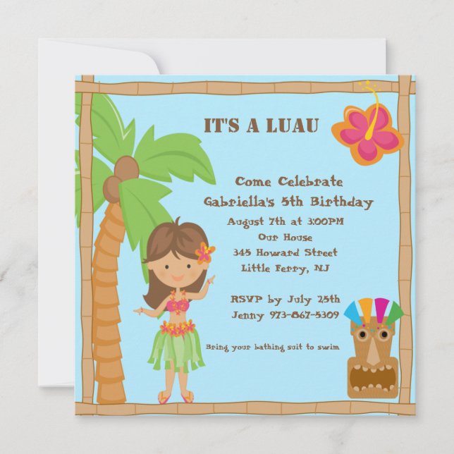 Invitation carrée d'anniversaire de Luau de fille (Devant)