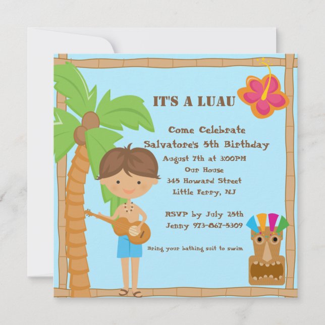 Invitation carrée d'anniversaire de Luau de garçon (Devant)