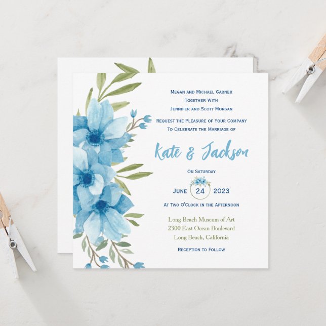 Invitation Carrée Florale Aquarelle Bleue (Devant/Arrière en situation)