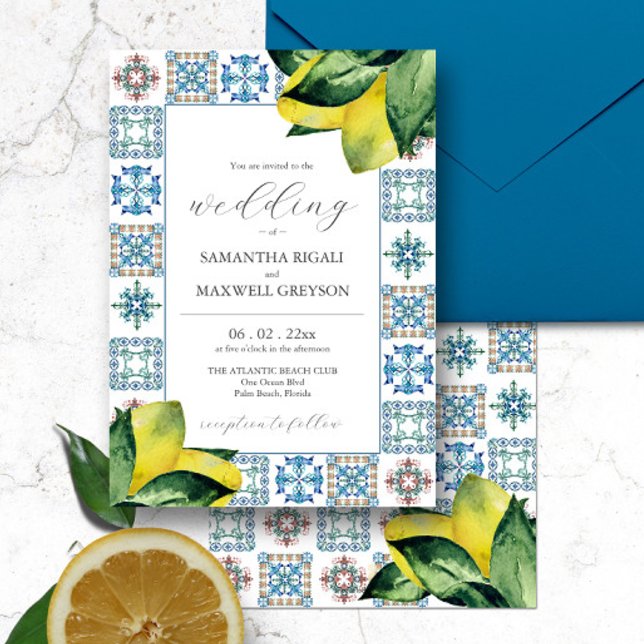 Invitation Carrelage Amalfi & Aquarelle Lemon Wedding Invitat (Italian destination wedding Amalfi tile and watercolor lemon art by Victoria Grigaliunas )
