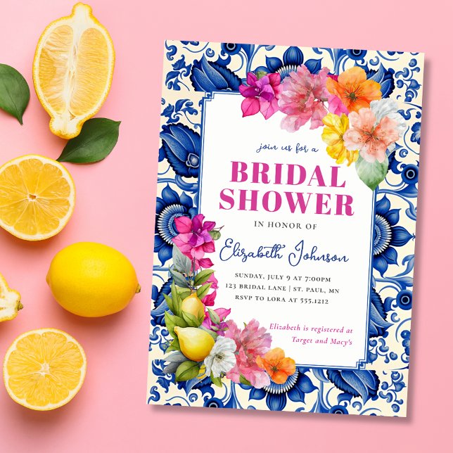 Invitation Carrelage bleu agrumes Fête des mariées (Citrus Floral Blue Tile Bridal Shower Invitation)