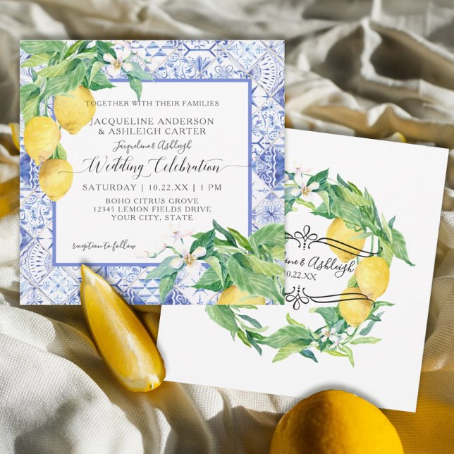 Invitation Carrelage bleu blanc Citron Floral Citrus Feuillag (Créateur téléchargé)