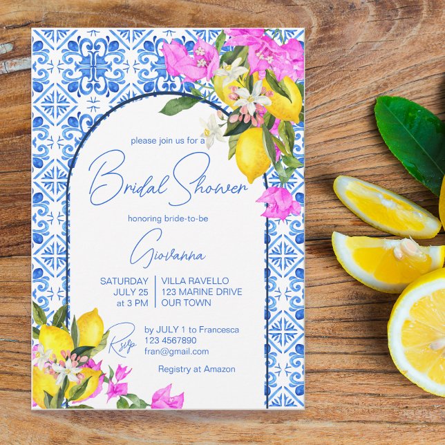 Invitation Carrelage bleu Citrons Bougainvilliers Méditerrané (Créateur téléchargé)