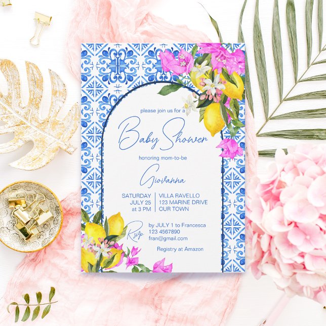 Invitation Carrelage bleu Citrons Bougainvilliers Méditerrané (Créateur téléchargé)