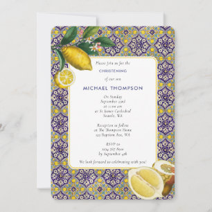 Invitation Carrelage bleu Citrons méditerranéens Baptême bapt