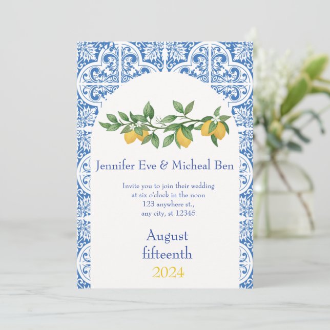 Invitation Carrelage bleu et blanc Mariage citron (Debout devant)